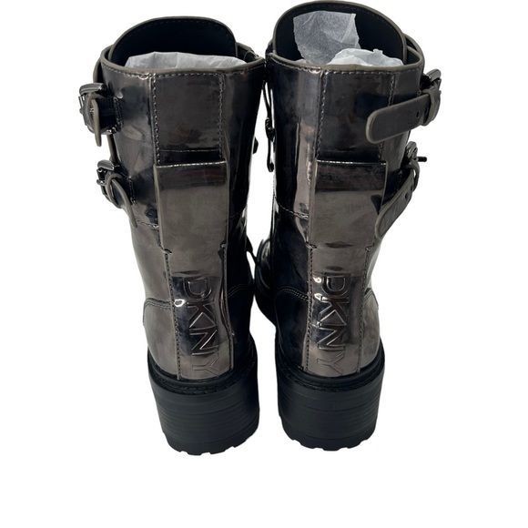 NWT DKNY Bart Combat Boots Size 7 Metallic Patent Gunmetal Mirror Finish in Box - Picture 3 of 9